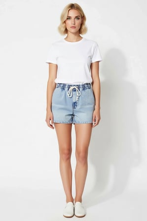 Kadın Şort Yüksek Bel Lastik Detaylı Geniş Paça Kesim Düz Kalıp Rigid Dokuma Denim Şık