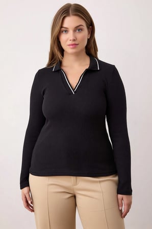 Kadın Bluz Polo Yaka Uzun Standart Kol Fitted Örme Fitilli Kaşkorse Esnek Düz Desen Regular Boy