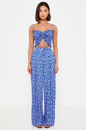 Kadın Büyük Beden Etnik Desenli Crop Top Gipeli Straplez Bluz Geniş Paça Pantolon Takımı Günlük