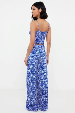 Kadın Büyük Beden Etnik Desenli Crop Top Gipeli Straplez Bluz Geniş Paça Pantolon Takımı Günlük
