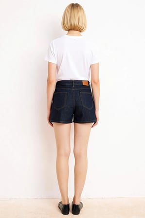 Kadın Şort Yüksek Bel City Kalıp Mom Siluet Boru Paça Düz Desen Denim Rigid Dokuma Kısa