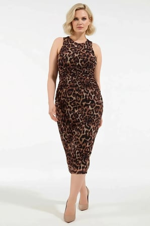 Kadın Büyük Beden Midi Bodycon Bisiklet Yaka Kolsuz Örme Tül Esnek Çok Renkli Leopar Desenli