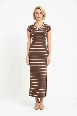 Kadın Çizgili V Yaka Bodycon Maxi Elbise Ay Kol Kısa Kollu Viskon Ribana Yumuşak Örme Günlük Rahat