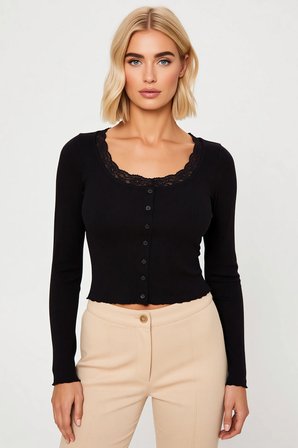 Kadın Bluz Fitted Crop Havuz Yaka Uzun Kol Fitilli Örme Kaşkorse Dokuma Dantel Detaylı Astarsız