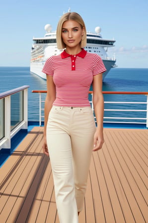 Kadın Bluz Polo Yaka Kısa Kol Fitted Kalıp Çizgili Desen Crop Boy Örme Kumaş Yarım Pat Düğmeli