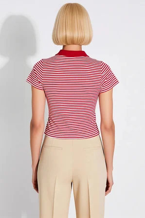 Kadın Bluz Polo Yaka Kısa Kol Fitted Kalıp Çizgili Desen Crop Boy Örme Kumaş Yarım Pat Düğmeli
