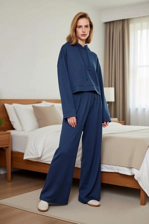 Kadın Kapüşonlu Düşük Kol Uzun Kollu Geniş Kalıp Örme Pijama Takımı