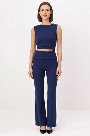 Kadın Büyük Beden Kolsuz Kayık Yaka Ribana Örme Crop Top Uzun Paça Takım Vücuda Oturan Günlük Rahat
