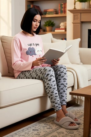 Kadın Bisiklet Yaka Standart Kol Uzun Kollu Pijama Takımı Kaliteli