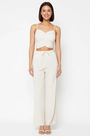 Kadın Büyük Beden İnce Askılı Kalp Yaka Büzgülü Crop Top Uzun Pantolon Plaj Takımı Günlük Rahat