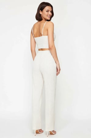 Kadın Büyük Beden İnce Askılı Kalp Yaka Büzgülü Crop Top Uzun Pantolon Plaj Takımı Günlük Rahat