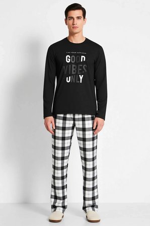 Erkek Bisiklet Yaka Standart Kol Ekose Baskılı Örme Pijama Takımı Fonksiyonel Şık %100 Pamuk