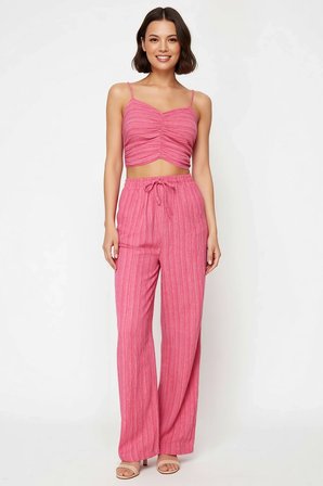Kadın Büyük Beden İnce Askılı Kalp Yaka Büzgülü Crop Top Uzun Pantolon Plaj Takımı Günlük Rahat