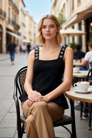 Kadın Bluz Kare Yaka Kalın Askılı Kolsuz Triko Peplum Taşlı İnce Regular Kalıp Tek Plaka Dokuma