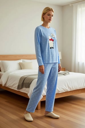 Kadın Bisiklet Yaka Standart Kol Regular Kalıp Polar Örme Puantiye Desenli Pijama Takımı Şık