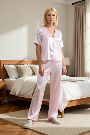 Kadın V Yaka Kısa Kol Saten Dokuma Regular Kalıp Pijama Takımı Fonksiyonel Dayanıklı Rahat