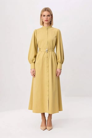 Kadın Maxi Tesettür Elbisesi Dik Yaka Uzun Kol Kuşaklı Terrycotton Dokuma Rahat Kesim Günlük Modern