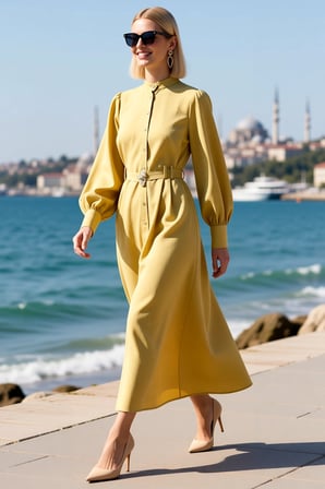 Kadın Maxi Tesettür Elbisesi Dik Yaka Uzun Kol Kuşaklı Terrycotton Dokuma Rahat Kesim Günlük Modern
