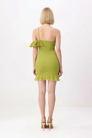 Kadın Asimetrik Yaka Volanlı Tül Mini Elbise Bodycon Kesim Astarlı Gece Kıyafeti Günlük Rahat Modern
