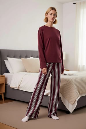 Kadın Bisiklet Yaka Uzun Kol Standart Kalıp Çizgili Örme Pijama Takımı Fonksiyonel