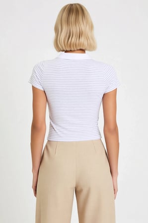 Kadın Bluz Polo Yaka Kısa Kol Fitted Kalıp Çizgili Desen Crop Boy Örme Kumaş Yarım Pat Düğmeli
