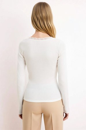 Kadın Bluz Fitted Crop Havuz Yaka Uzun Kol Fitilli Örme Kaşkorse Dokuma Dantel Detaylı Astarsız