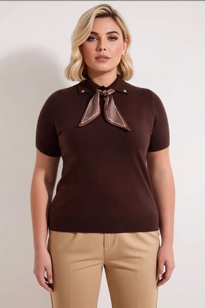 Kadın Bluz Polo Yaka Kısa Kol Düz Desen Çıkarılabilir Fularlı İnce Tek Plaka Dokuma Triko Regular