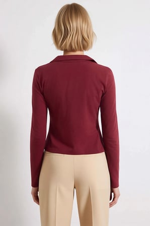 Kadın Bluz Polo Yaka Uzun Kol Fitted Kalıp Agraflı Büzgülü Örme Penye Süprem Düz Desen Şık