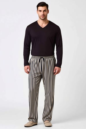 Erkek Büyük Beden V Yaka Standart Kol Uzun Kol Örme Çizgili Pijama Takımı Rahat %100 Pamuk