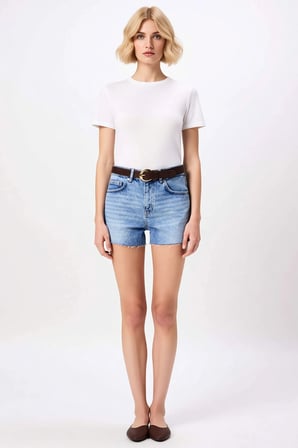 Kadın Şort Yüksek Bel Slim Kalıp Ekstra Mini Paça Kesikli Düz Desen Denim Kumaş Spor