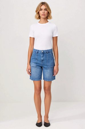 Kadın Şort Denim Yüksek Bel City Kalıp Az Esnek Boru Paça Düz Desen Kısa Boy Comfort Dokuma
