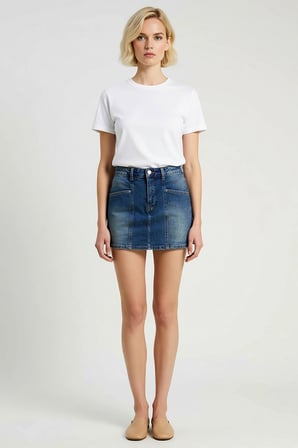 Kadın Şort Etek Yüksek Bel Kısa Düz Desen Az Esnek Denim Cep Detaylı Boru Paça Comfort Dokuma