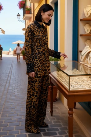 Kadın Leopar Desenli Jakar Dokuma Gömlek Pantolon Takımı Uzun Kol Standart Kesim Rahat Günlük Modern