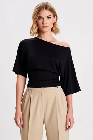 Kadın Bluz Regular Kalıp Asimetrik Yaka Düşük Kol Kısa Çizgili Ribana Örme Crop Üst Giyim