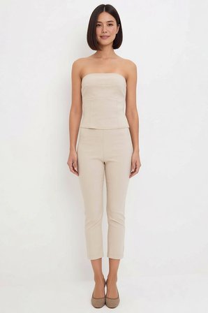 Kadın Büyük Beden Straplez Crop Bluz Kapri Pantolon Takımı %100 Pamuk Dokuma Fitted Kesim Günlük