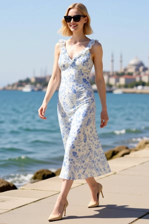 Kadın V Yaka Kolsuz Midi Şifon Elbise Çiçek Desen Astarlı Slip Kesim Rahat Gündüz Gece Günlük Modern