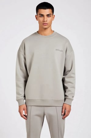 Erkek Bisiklet Yaka Düşük Kol Oversize Slogan Nakışlı Diagonal Sweatshirt Fonksiyonel Spor