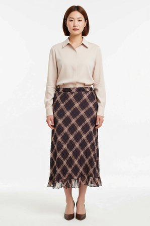 Kadın Büyük Beden Midi Ekose Dokuma Etek Kırışık Görünümlü Casual Günlük Rahat Kesim Modern Şık