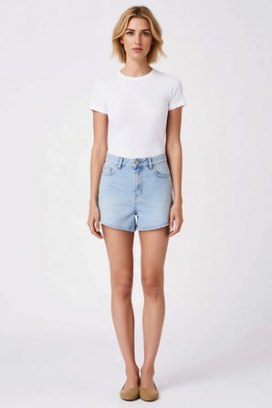 Kadın Şort Yüksek Bel Geniş Paça Düz Desen Denim City Short Rahat Kesim Yazlık Kısa Şık