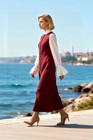 Kadın Elbise Jile Bisiklet Yaka Kolsuz Dokuma Düğmeli Maxi Boy Shift Kalıp Full Düğme Kapama