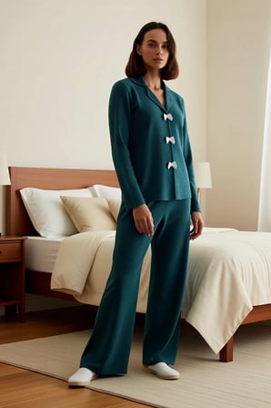 Kadın Gömlek Yaka Standart Kol Regular Kalıp Waffle Kumaş Örme Pijama Takımı Fonksiyonel Şık