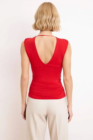 Kadın Bluz Vücuda Oturan V Yaka Kolsuz Yan Büzgülü Crop Düz Desen Süprem Örme Günlük