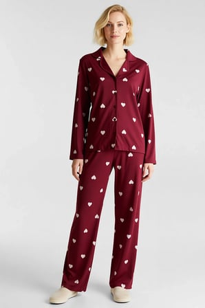 Kadın Gömlek Yaka Standart Kol Fitted Kalp Desenli Pijama Takımı Fonksiyonel Şık %100 Pamuk