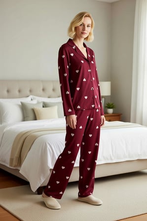 Kadın Gömlek Yaka Standart Kol Fitted Kalp Desenli Pijama Takımı Fonksiyonel Şık %100 Pamuk