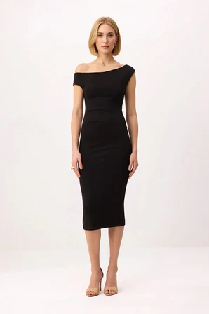 Kadın Asimetrik Yaka Düşük Kol Bodycon Midi Elbise Silky İnterlok Örme Kumaş Günlük Rahat Modern