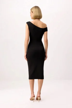 Kadın Asimetrik Yaka Düşük Kol Bodycon Midi Elbise Silky İnterlok Örme Kumaş Günlük Rahat Modern