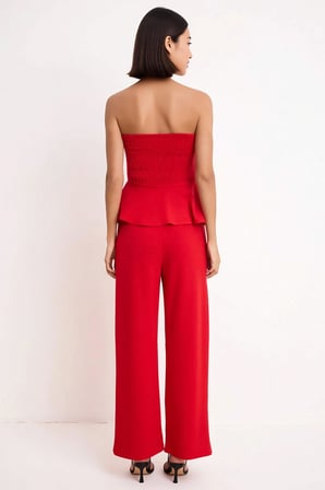 Kadın Straplez Peplum Detaylı Geniş Paça Uzun Örme Takım Soft Touch Kumaş Rahat Kesim Günlük Modern