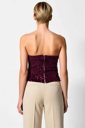 Kadın Bluz Straplez Yaka Kolsuz Payetli Örme Kumaş Bedene Oturan Kalıp Düz Desen Regular Boy