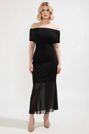 Kadın Büyük Beden Carmen Yaka Tül Örme Bodycon Maxi Elbise Kolsuz Zarif Günlük Rahat Modern Şık