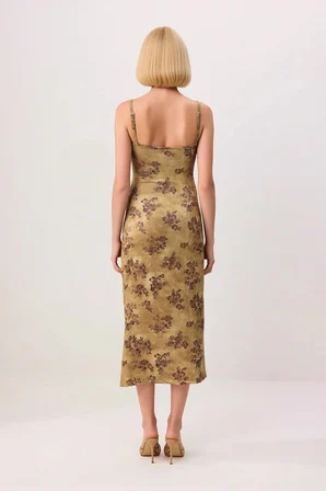 Kadın İnce Askılı Kare Yaka Çiçek Desenli Bodycon Midi Esnek Örme Elbise Günlük Rahat Modern Şık